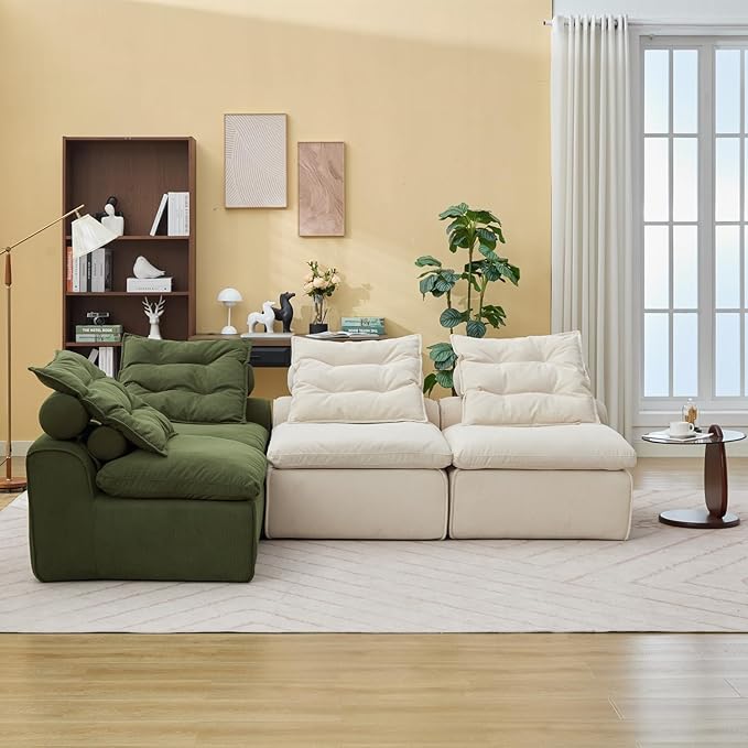 JUSTONE Modular Floor Sofa 2-Seater Armless Chair with Neck Pillow Soft Corduroy Fabric for Living Room Apartment Guest Room Beige