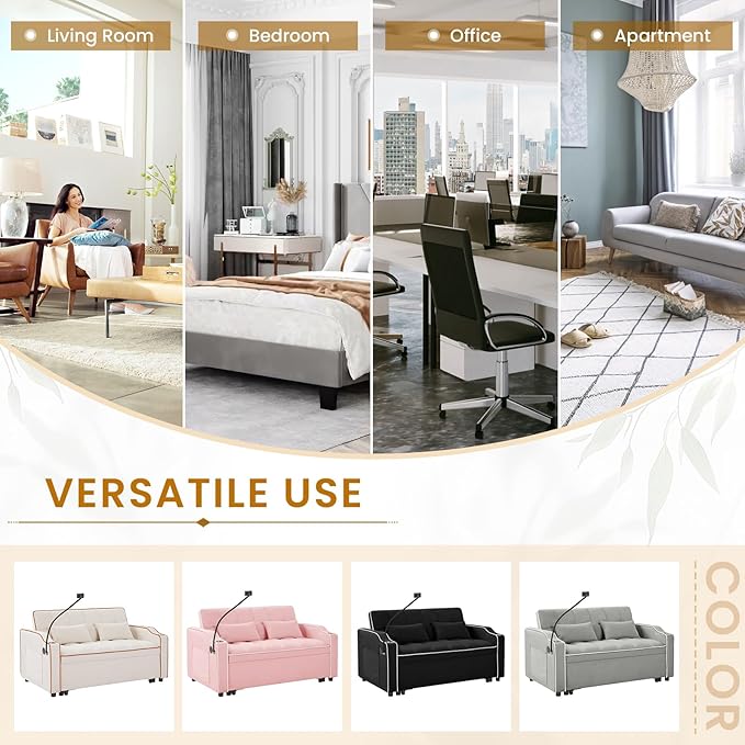KINFFICT Sleeper Sofa Couch Bed with Phone Holder Modern 3-in-1 Convertible Velvet Pull Out Loveseat Futon Sofa with USB &amp Type C Port &amp Cup Holder for Living Room Bedroom Office