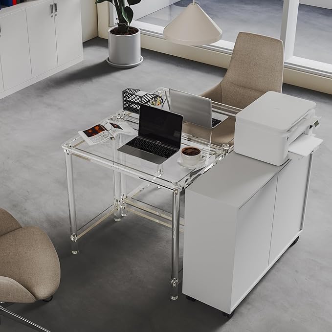 HMYHUM Acrylic Computer Desk 32 Inch Clear Office Desk for Small Spaces Study Writing Vanity Table with Cylindrical Legs Modern Easy Assembly