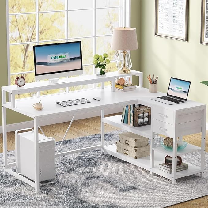 Tribesigns 55-inches Reversible L Shaped Desk with Drawer Modern White L Corner Desk Home Office Table with Storage Shelves and Monitor Stand Wooden and Metal PC Desk for Small Space