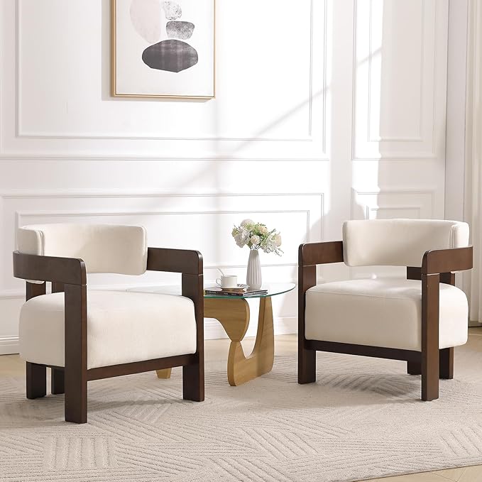 EALSON Barrel Accent Chairs Set of 2 Modern Comfy Living Room Chairs with Wooden Legs Mid Century Upholstered Lounge Reading Armchairs for Bedroom/Indoor Reading Nook/Corner/Office White