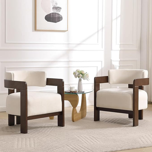 EALSON Barrel Accent Chairs Set of 2 Modern Comfy Living Room Chairs with Wooden Legs Mid Century Upholstered Lounge Reading Armchairs for Bedroom/Indoor Reading Nook/Corner/Office White
