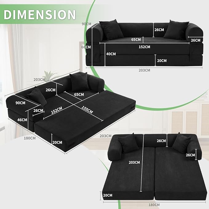 4-in-1 Folding Convertible Sofa Bed 80 Inch Oversized Corduroy Boneless Couch Loveseat Sleeper with Pull Out Bed Floor Sofa Modular Futon Teddy Sofa for Living Room Bedroom Lounge Light Green