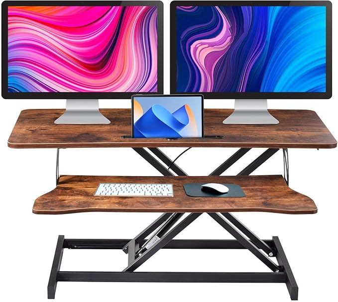 38-Inch Height Adjustable Standing Desk Converter Duals Monitor &amp Laptop Riser with Wide Keyboard Tray Sit to Stand Ergonomic Workstation for Home Office School Business Tiger Brown