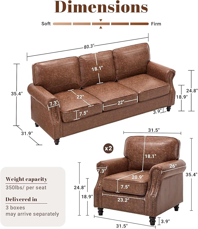 Kingfun 3 Seater Sofa Mid-Century Modern Faux Leather Couch Set for Living Room Darkbrown with Rolled Arms &amp Nailhead Trim Easy Assembly