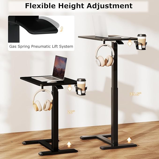 Tangkula Mobile Standing Desk Pneumatic Height Adjustable Rolling Desk with Cup Holder &amp Headphone Hook Overbed Table with Hidden Wheels Laptop Computer Cart for Couch Home Office (Black)