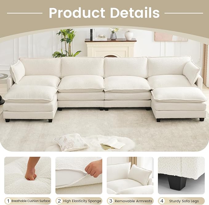 ROWHY Oversized Modular Sectional Couch with 2 Movable Ottoman 148 Modern Convertible U Shaped Sofa Set 4 Seat Comfy Cloud Couch with 2 Throw Pillows for Living Room and Office Chenille Beige