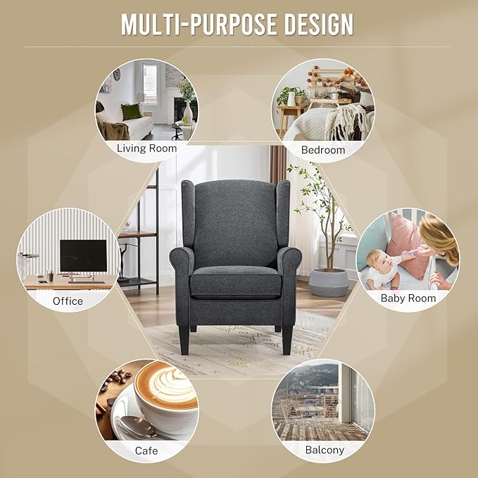 Dark Grey Accent Chairs Modern Living Room Single Wingback Sofachair Classic Bedroom High Back Reading Seats Bussiness Upholstered Arm Chairs for Office Guest Room