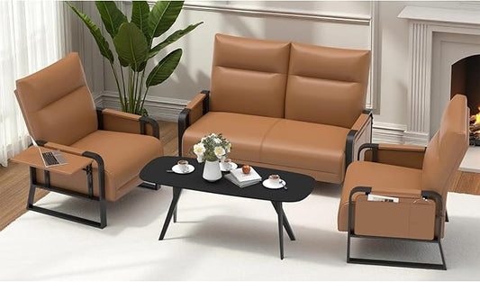 Faux Leather Sectional Couches for Living Room 3 Piece Loveseat and Chair Set with Flip Up Tray Tables Side Pockets Modern Modular Sectional Sofa for Office (2-Seat+1-Seat+1-Seat Brown)