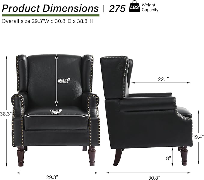 Floral High Back Accent Chair Upholstered Armchair with Solid Wood Legs Comfy Wingback Reading Single Sofa Chair for Small Spaces Living Room Bedroom(Leather Black Set of 2)