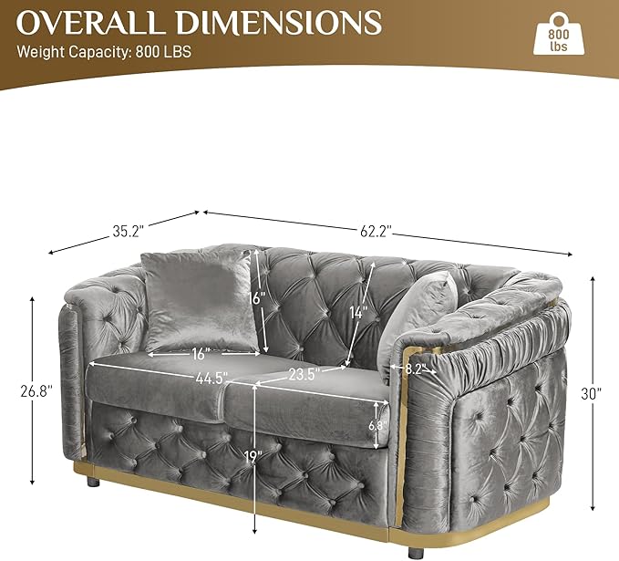 Luxury Velvet Chesterfield Sofa 62.6 Grey and Gold Sofa Mid Century Modern Loveseat Couch for Living Room Tufted Sofas with Gold Legs Rolled Arms Grey