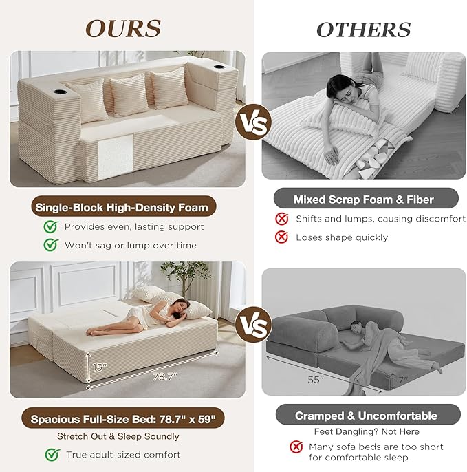 78.7 Inch Convertible Sofa Bed with 2 Ottomans 3-in-1 Folding Sleeper Couch &amp Flip-Up Armrest No Assembly Memory Foam Futon Bed for Small Space Floor Couch Lounge for Living Room ApartmentBeig