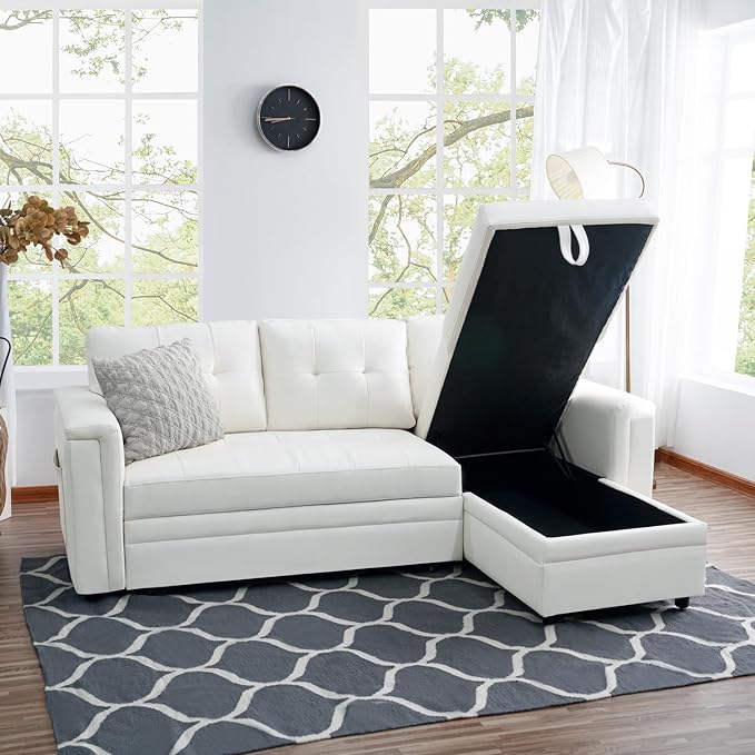 Naomi Home L-Shaped Sectional Sleeper Sofa with USB Ports - Convertible Pull-Out Bed Ample Storage Timeless Design Durable Construction White/Air Leather