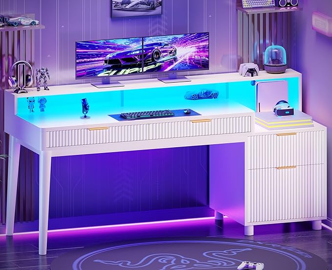 SEDETA Office Desk with 4 Storage Drawers 59 Fluted Wood Gaming Computer Desk with LED Lights and Power Strip Modern Writing Desk Study Table for Home Office Living Room Bedroom White