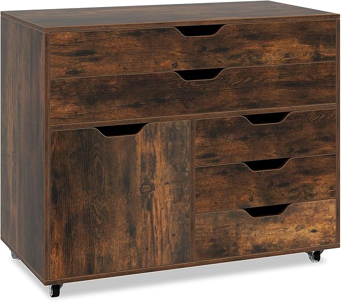 File Cabinet 5 Drawer Filing Cabinet with Door Mobile Storage Organizer Wooden Printer Stand on Wheels for Study Home Office Living Room (Rustic Brown)
