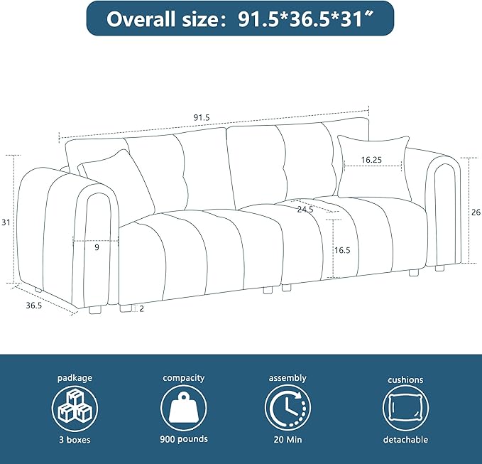 91.5 Modern Bubble Sofa Couch w/Medium Firm Seat Cushion and Deep Seats &amp Chenille Fabric 3 Seater Couch Sofa for Living Room Apartment Lounge Office （Dark Gray