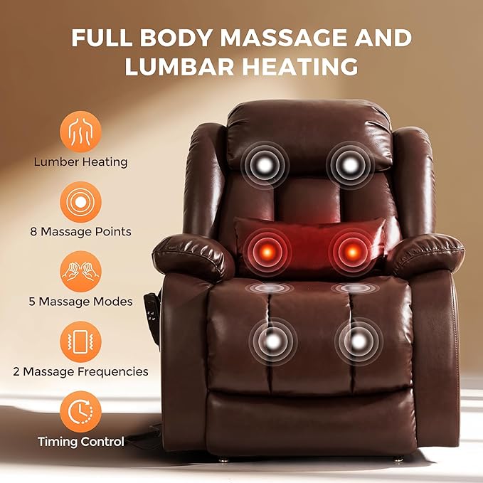 Power Lift Recliner Chair with 8-Point Massage &amp Heat Dual Remote USB/Type-C Ports Easy-Clean Leather Width 19.7 (Leather Brown)