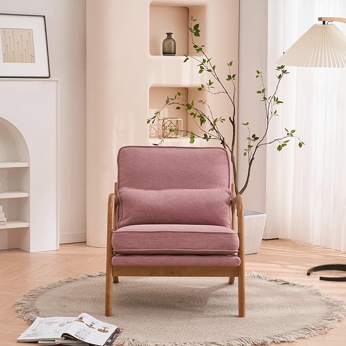 Karl home Accent Chair Mid-Century Modern Chair with Pillow Upholstered Lounge Arm Chair with Solid Wood Frame &amp Soft Cushion for Living Room Bedroom Balcony Linen Pink (Low Back)