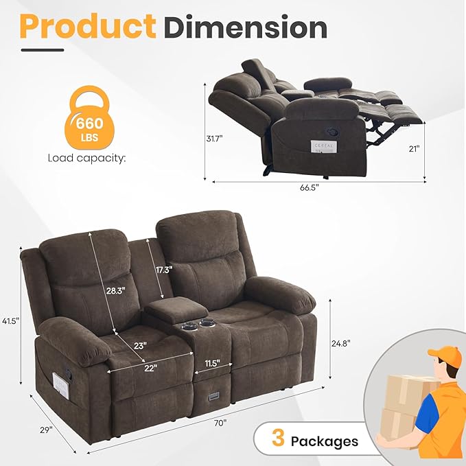 Reclining Loveseat with Console Loveseat Recliner Sofa with Massage &amp Heating RV Wall Hugger Double Loveseat Recliner Couch for Living Room &amp Home Theater (Chenille-Brown-2)