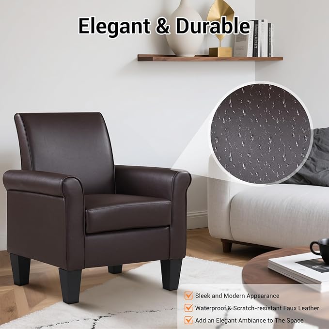 Lohoms Pu Leather Accent Chair Set of 2 Overstuffed Mid Century Modern Living Room Chairs Upholstered Comfortable Reading Chair Fake Leather Armchair for Bedroom Office -Brown
