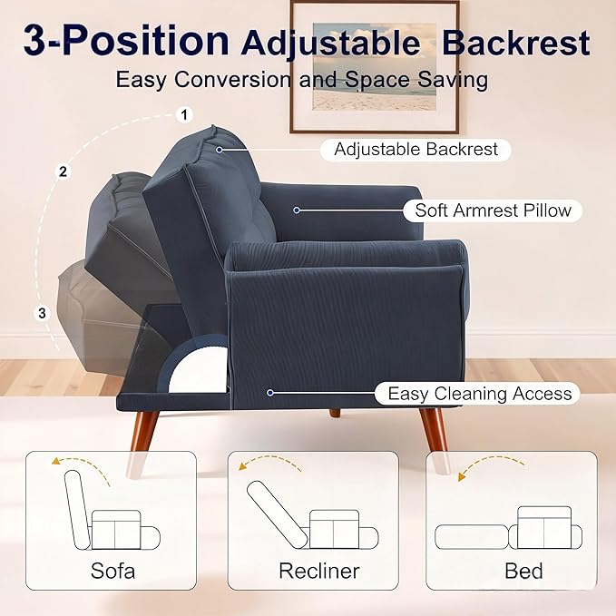 Convertible Futon Sofa Bed Modern Futon Couch with 2 Pillows Small Futons Couch with Adjustable Armrest &amp Backrest Loveseat Sofa Bed for Living Room Bedroom Blue