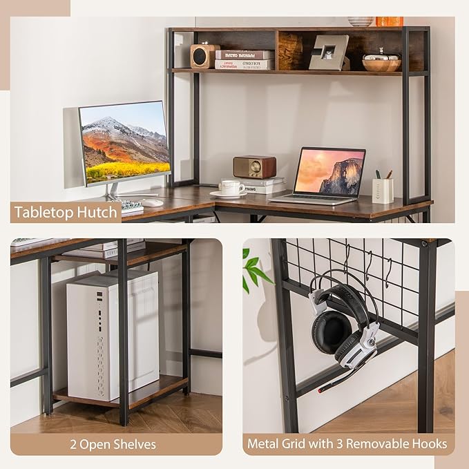 Tangkula L-Shaped Desk Converts to 2-Person Long Desk with Hutch Power Outlet &amp 3 Removable Hooks Perfect for Home Office or Gaming (Rustic Brown)