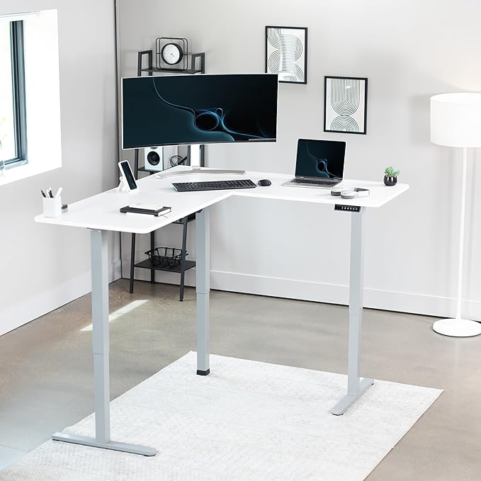 VIVO Corner Standing Desk 63 x 55 inch Reversible L-Shaped Workstation Electric Height Adjustment Home Office and Reception Rooms White Table Top Gray Frame DESK-E3CTGW