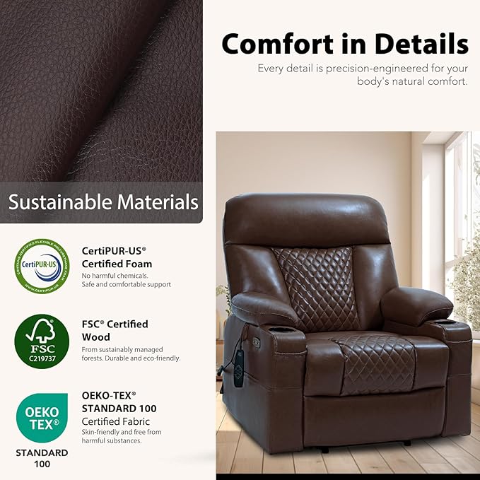 EONIX Wide Single Motor Power Lift Recliner Chair for Elderly 400lbs Heavy Duty Oversized Lift Chair with Heat and Massage Lift Recliner Chair Dark Brown