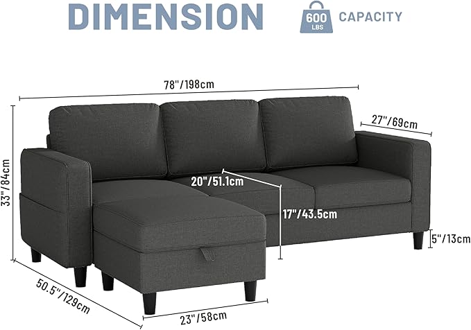 Sectional Couches for Living Room 78 Convertible L Shaped Couch with Removable Storage Ottoman 3 Seater Sofas Modern Linen Dark Grey Sofa for Apartments Studios Dorms Small Spaces