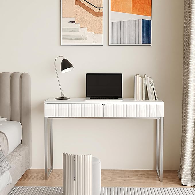 Modern Multi-Purpose Desk White &amp Antique Brass 43 L x 15.75 W 2 Large Drawers Computer/Vanity/Study Adult Size