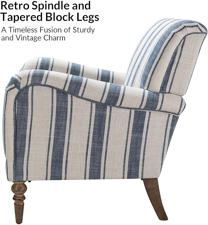HULALA HOME Modern Accent Chair with Arms and Wooden Legs Comfy Upholstered Armchair for Living Room Bedroom (Stripe Pattern Navy)