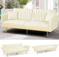 70” Velvet Futon Sofa Bed with 2 Pillows and Adjustable Armrests Convertible Sleeper Bed W/Adjustable Backrests Modern Loveseat for Living Room Bedroom Beige