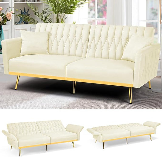 70” Velvet Futon Sofa Bed with 2 Pillows and Adjustable Armrests Convertible Sleeper Bed W/Adjustable Backrests Modern Loveseat for Living Room Bedroom Beige