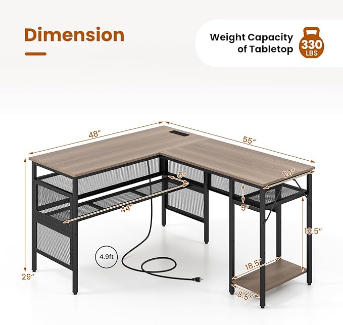 Tangkula Reversible L-Shaped Computer Desk with Charging Station &amp Shelves Large Corner Gaming Desk with Adjustable Shelf &amp CPU Stand Modern Study Writing Desk Home Office PC Workstation (Gr
