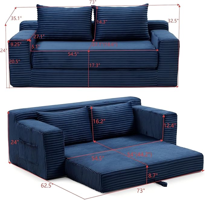 73 Memory Foam Cloud Loveseat Sofa 2 in 1 Convertible Folding Couch Bed Compressed Corduroy Floor Lounge Sofa No Assembly for Apartment Office Bedroom Living Room (Blue)