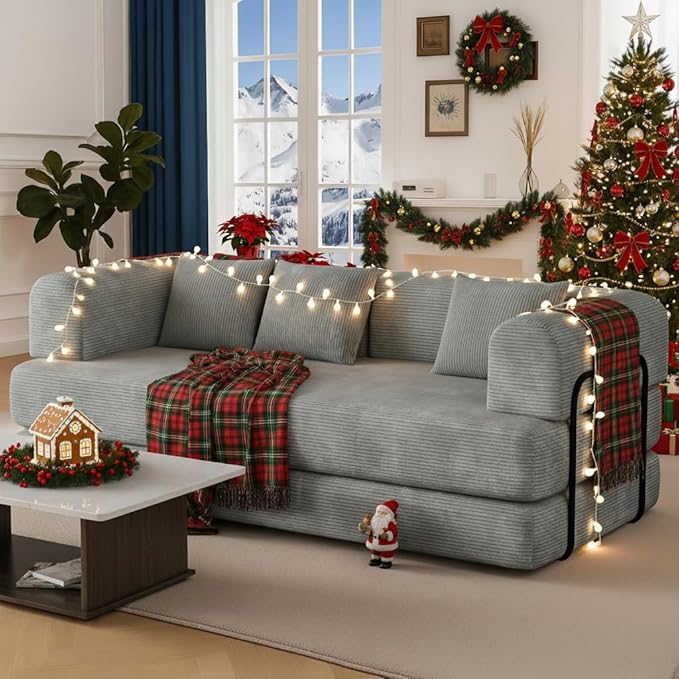 WENTMENT 80‘’Convertible Floor Sofa Bed for Living Room Boneless Couch with Deep Seat Corduroy Pull Out Sofa Bed with 3 Pillows Bedroom Apartment No AssemblyGrey