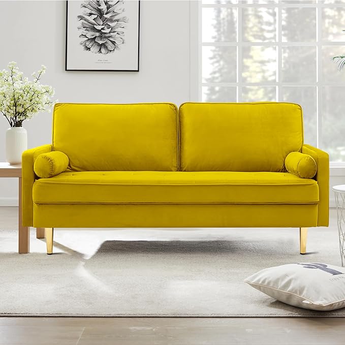 Velvet Loveseat Sofa 66.9'' Mid Century Modern Small Love Seats with 2 Pillows &amp Golden Legs Comfy Couch for Living Room Upholstered 2 Seater Sofa for Small Apartment (Yellow)