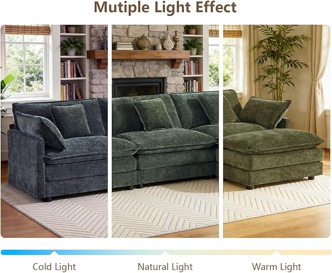 Modular Sectional Sofa Deep Seat Chenille L Shaped Couch with Throw Pillows &amp Movable Ottoman 3 Seater Comfy Cloud Sectional Couches for Living Room Bedroom Apartment Green