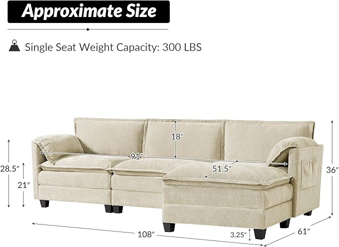 EcoHarbor 108 Modular Sectional Sofa for Living Room Modern 4 Seat L Shaped Cloud Couch with Elephant Ears Armrests Comfy Dual-Layer Cushions Deep Seat &amp Side Storage Pockets Beige