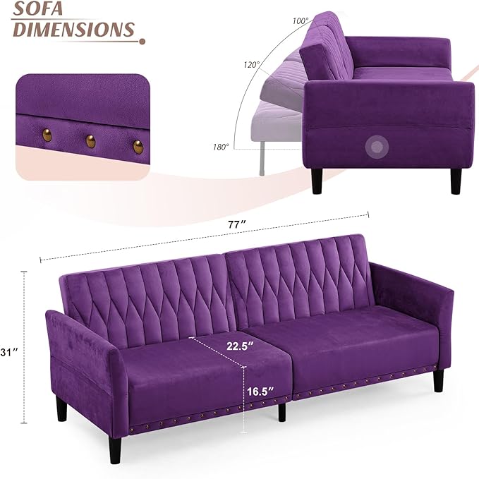 77” Velvet Sofa Bed with Adjustable Armrests and BackrestsTufted Convertible Futon Couch Loveseat Modern Velvet Sleeper Sofa for Living RoomBedroomOfficePurpel