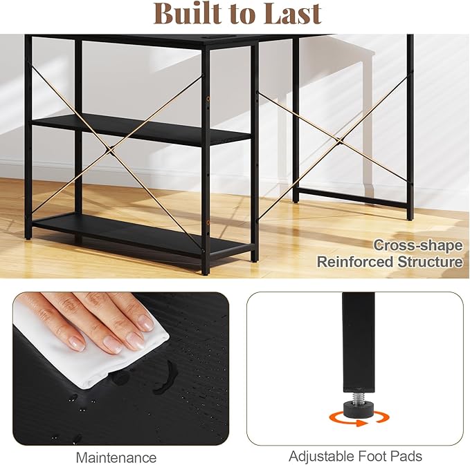 Giantex L Shaped Desk with Charging Station 47 Inch Reversible Computer Desk with Adjustable Storage Shelves &amp Metal Frame Modern Corner Desk for Home Office Studying Writing Gaming (Black)
