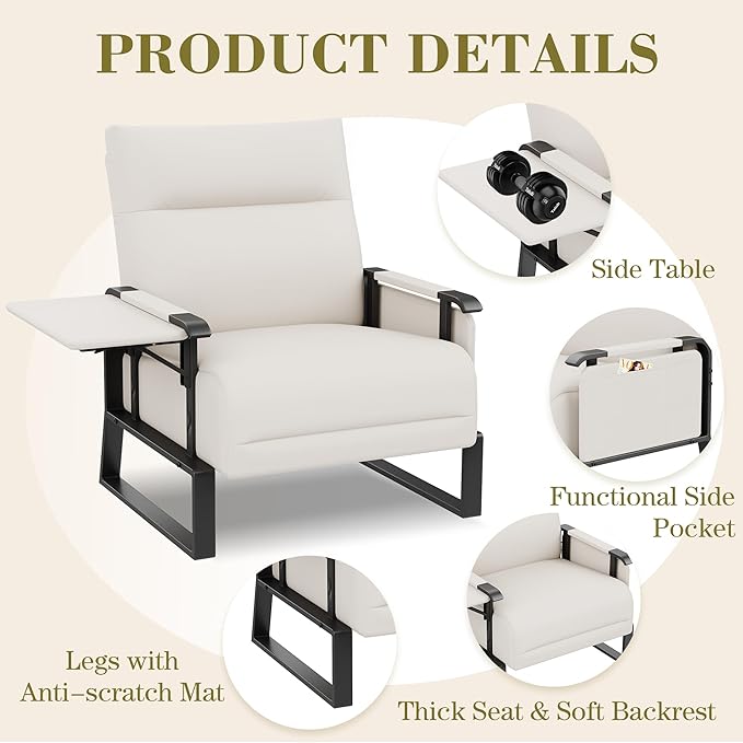 PU Leather Accent Chair Upholstered Armchair with Side Table for Bedroom Living Room Chairs Office Club Chair Beige