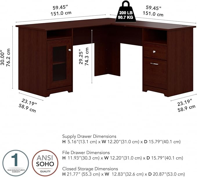 Bush Home Cabot 60W L Shaped Computer Desk with Storage in Harvest Cherry 60-inch Corner Table with Drawers for Home Office Workspace