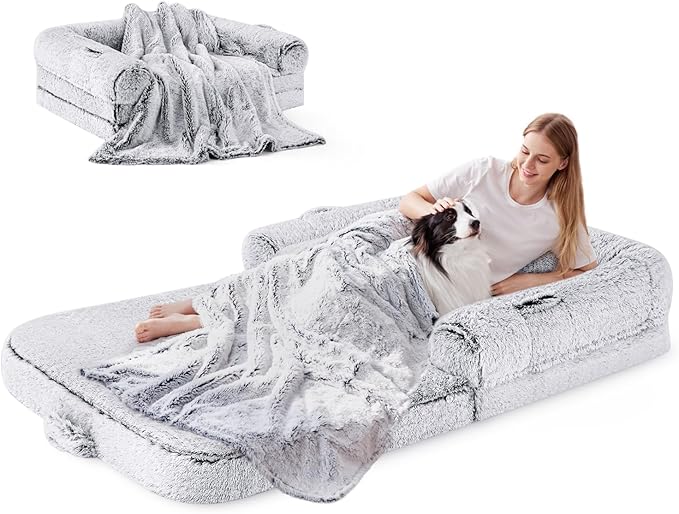 Human Dog Bed for Adult 2 in 1 Foldable Giant Dog Bed for People Fits Pet Families Egg Foam Supportive Mat Waterproof Liner Faux Fur Human Size Pet Bed with Blanket 71x43x10 Grey