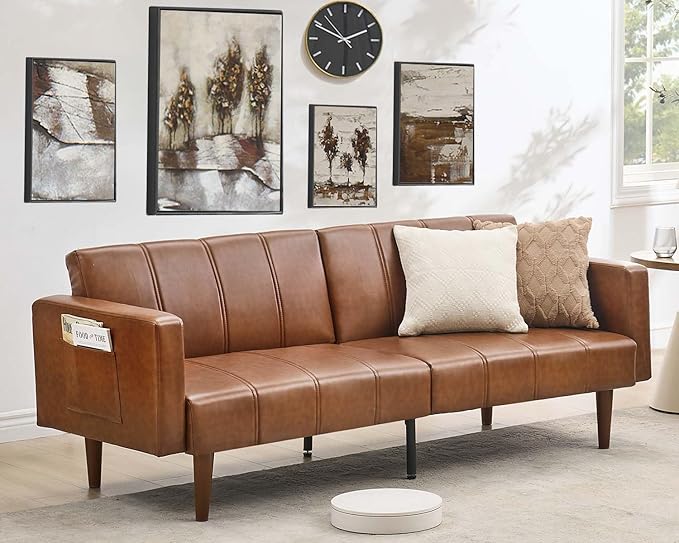 GarveeHome 75 in Futon Sofa Bed Mid-Century Futon Couch PU Leathe Convertible Sleeper Couch with Adjustable Backrest Loveseat and Side Pockets for Living Room &amp Bedroom (Coffee)