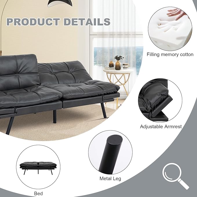 MUUEGM Futon Sofa Bed Convertible CouchMemory Foam Futon Sofa CouchSleeper Futons Sofa CouchesSmall Splitback Modern Loveseat Sofa Bed for Living RoomOfficeApartmentFaux LeatherMatte Black.