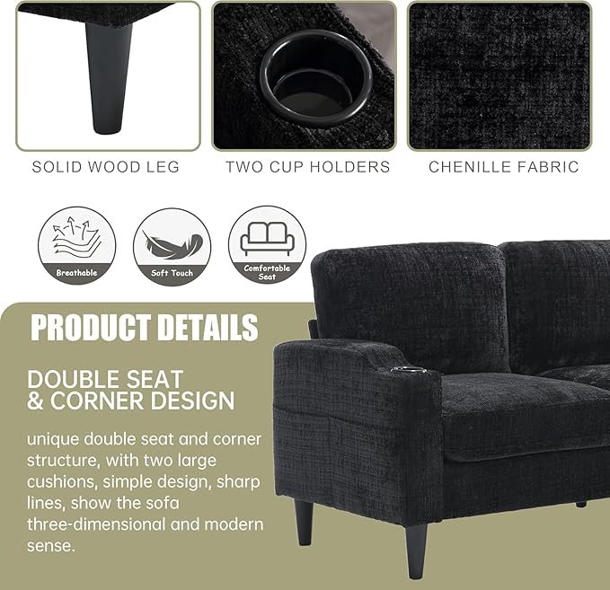 L Shaped Couch with Storage Ottoman 77 Chenille Small Sectional Couches with 2 Cup Holders &amp Storage Pocket for Small Space Comfy Cloud Sectional 3 Seater Couch Black
