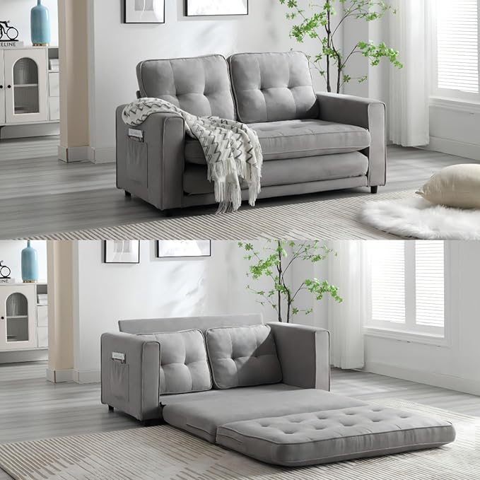 Folding Futon Sleeper Sofa with Pull Out Couch BedModern Velvet Loveseat Sleeper Convertible to Full Size Floor Couches Bed for Living Room Bedroom Small Space (Gray)