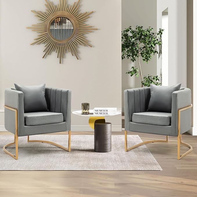Velvet Modern Accent Chair Upholstered Barrel Armchair Mid Century with Pillow for Living Room Comfy Single Vanity Chair with Metal Gold Legs for Bedroom Grey