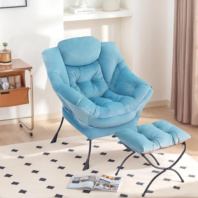 Tiita Lazy Chair with Ottoman Blue Chiars Modern Large Accent Armchair Comfy Leisure Sofa Reading Chair with Footrest for Bedroom Living Room Dorm Rooms Garden Velvet Light Blue